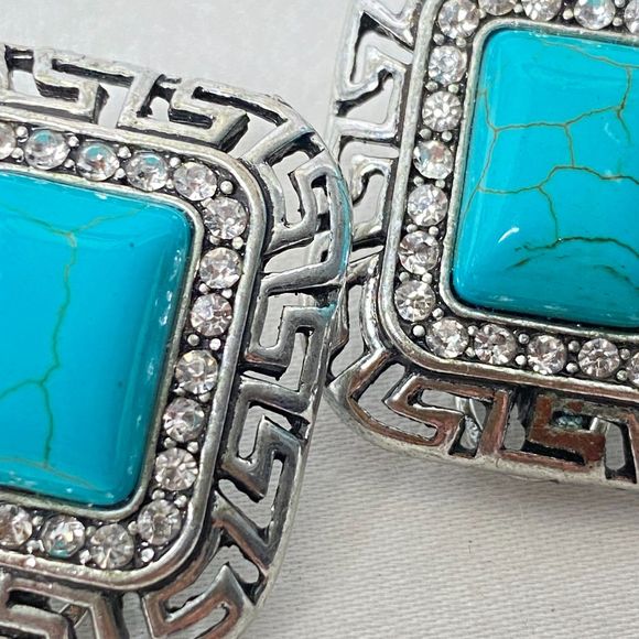Southwest Style Earrings & Ring Faux Turquoise Stones Rhinestones Silver Frame - Picture 7 of 15